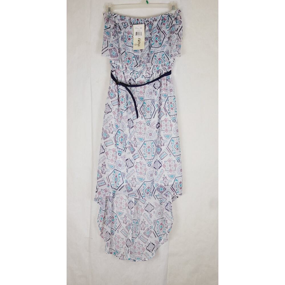 New Olsenboye white blue geometric off shoulder ruffled hi lo dress size XL Boho